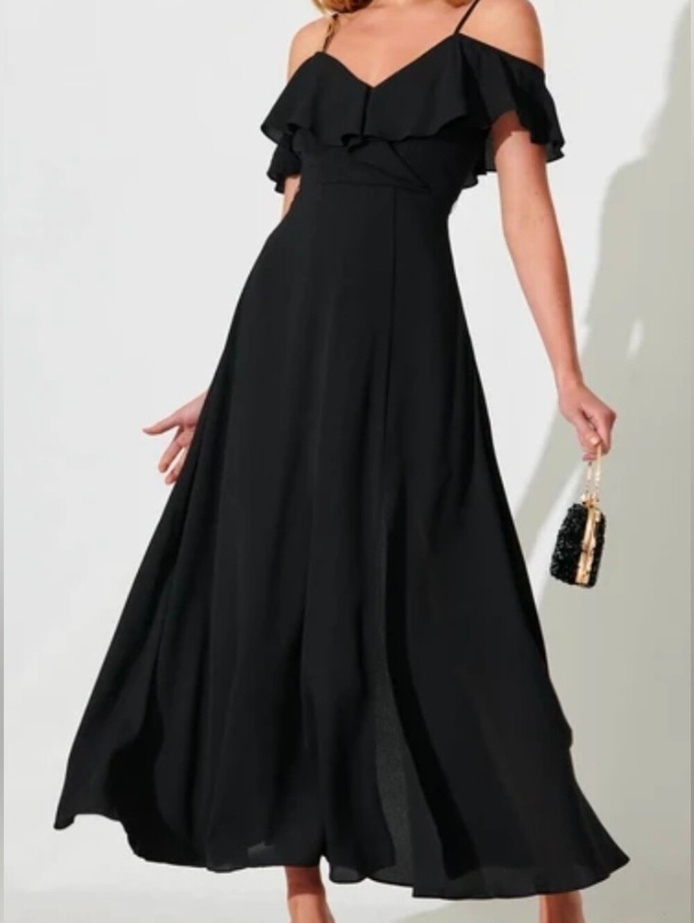 Bill LEVKOFF Black Ruffle Off-Shoulder Women’s Bridesmaid Chiffon Gown